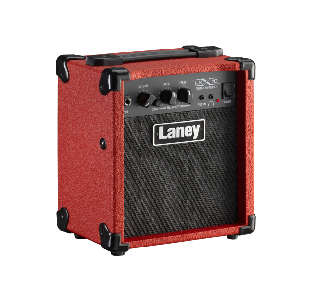 Laney LX10-RED front panel showing volume, EQ, and drive switch.
