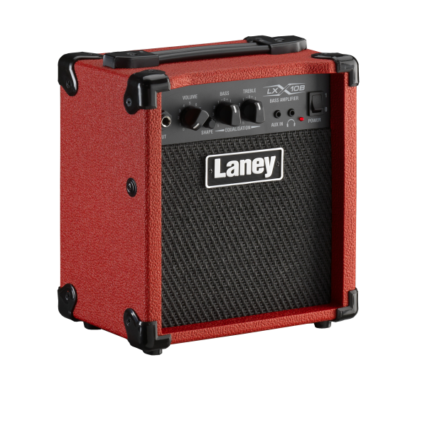  Laney LX10B-RED bass amp showcasing its compact design and headphone socket.