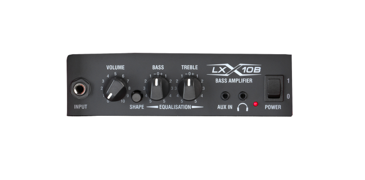 2-band EQ and Shape switch controls on the Laney LX10B-RED.