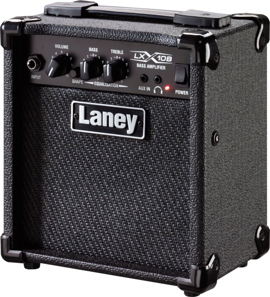 Side Profile – Laney LX10B bass amp showcasing its compact design and headphone socket.
