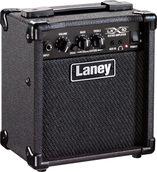 Laney LX10 guitar amplifier front panel with volume, EQ, and drive switch.
