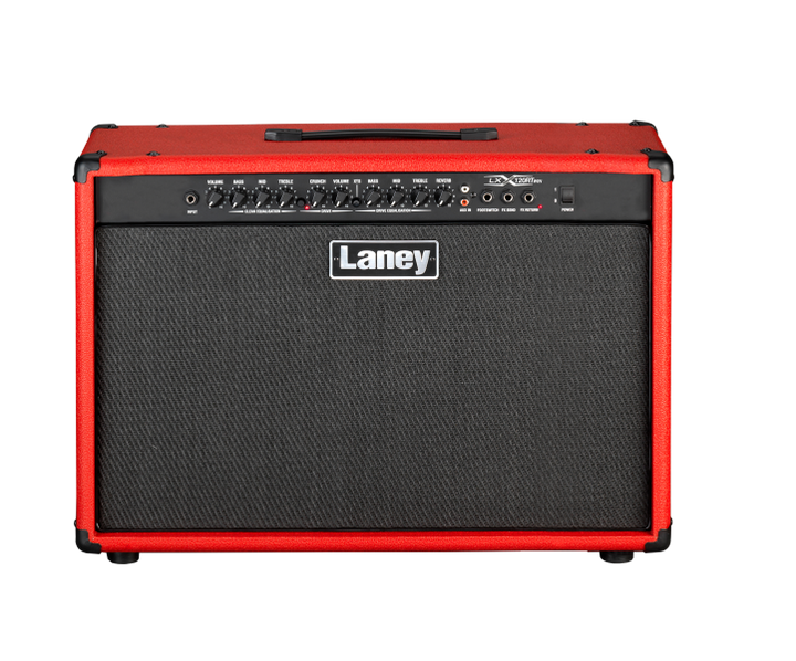 Laney LX120RT-RED guitar combo amp with dual 12-inch HH speakers and XTS tone shaping.
