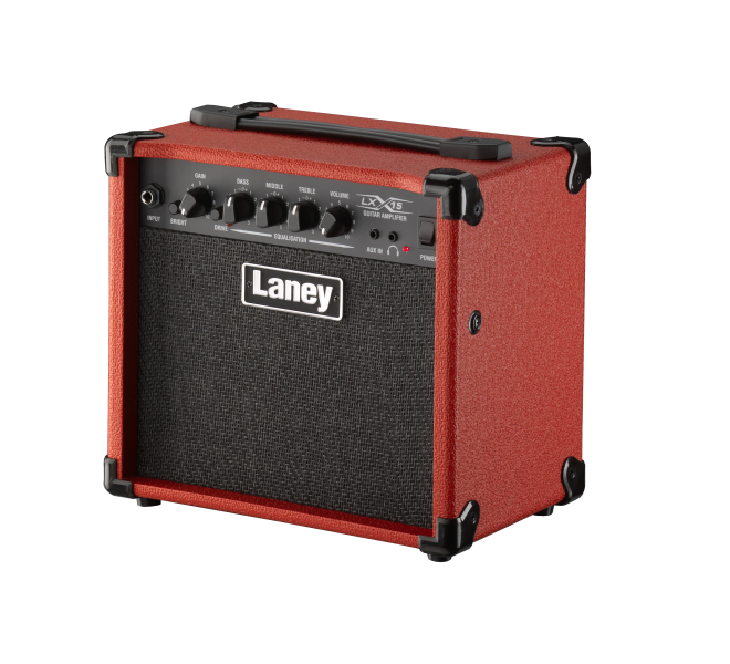 Laney LX15-RED practice amp with dual 5” speakers and compact design.
