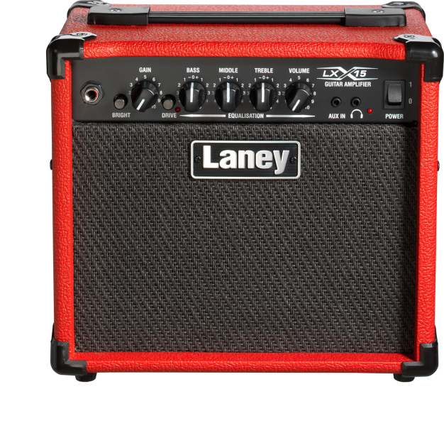 Front panel of the Laney LX15-RED showing clean & drive channels, EQ, and master volume controls.
