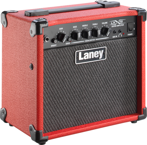 Laney LX15-RED 15W guitar amplifier in a bold red finish, ideal for practice.