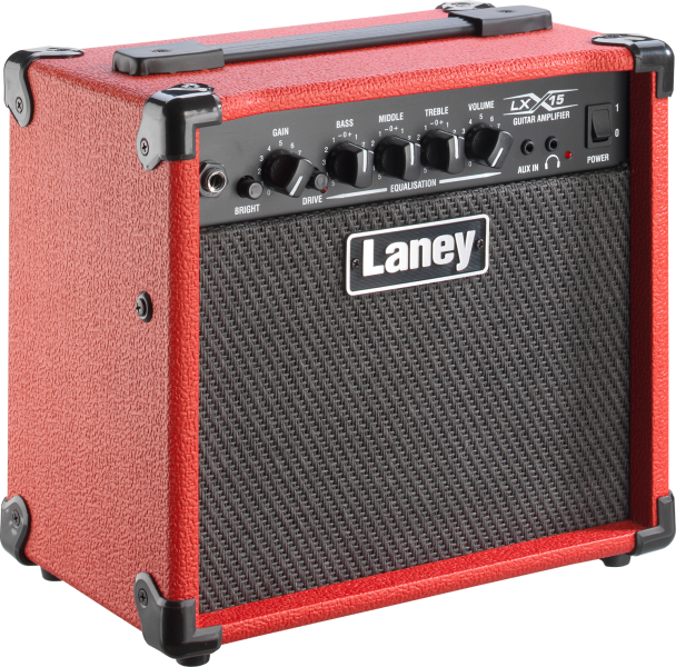 Laney LX15-RED 15W guitar amplifier in a bold red finish, ideal for practice.