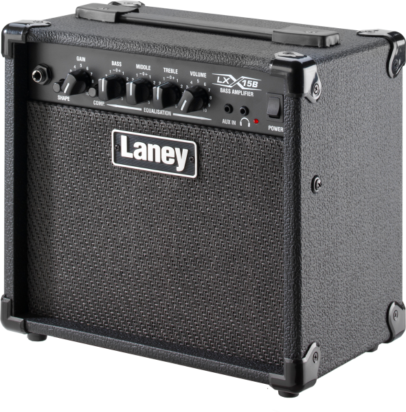 Side Profile – Laney LX15B bass amp showing its compact size and headphone socket.
