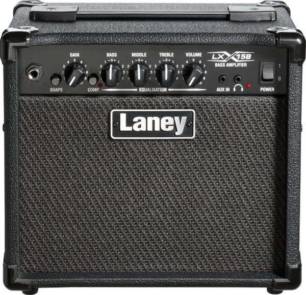 Full Front View – Laney LX15B bass guitar combo amplifier in black tolex with dual 5” custom drivers.
