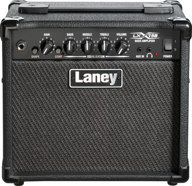 Full Front View – Laney LX15B bass guitar combo amplifier in black tolex with dual 5” custom drivers.
