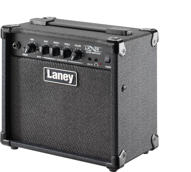 Front panel of the Laney LX15 showing clean & drive channels, EQ, and master volume controls.
