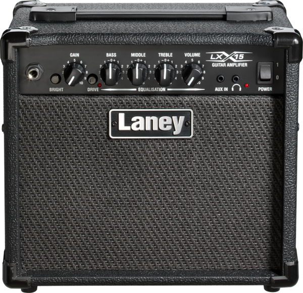 Laney LX15 15W guitar amplifier with dual 5” speakers for practice and home use.
