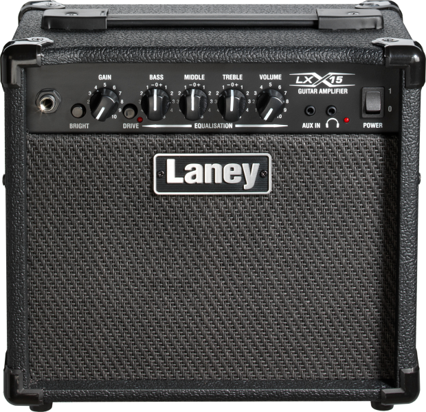 Laney LX15 15W guitar amplifier with dual 5” speakers for practice and home use.
