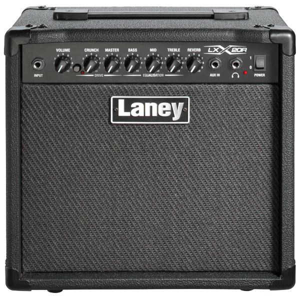 Laney LX20R 20W guitar amp with an 8” custom speaker, clean & drive channels, and built-in reverb.
