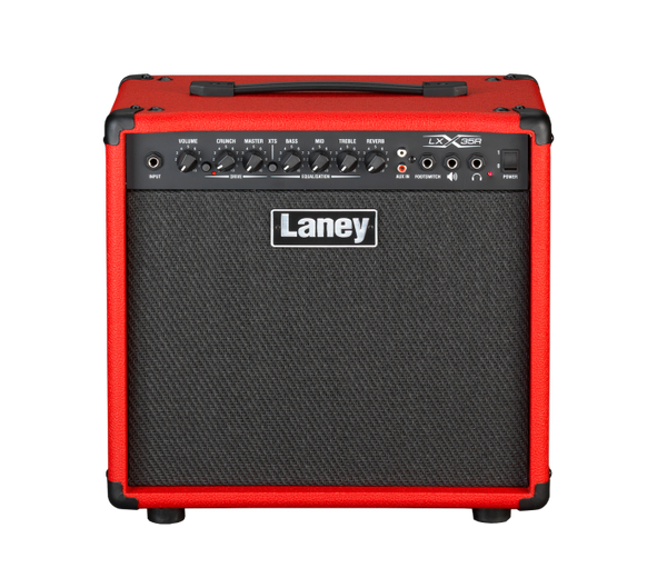 Laney LX35R-RED 35W guitar amp with a 10” custom speaker, clean & drive channels, and built-in reverb.
