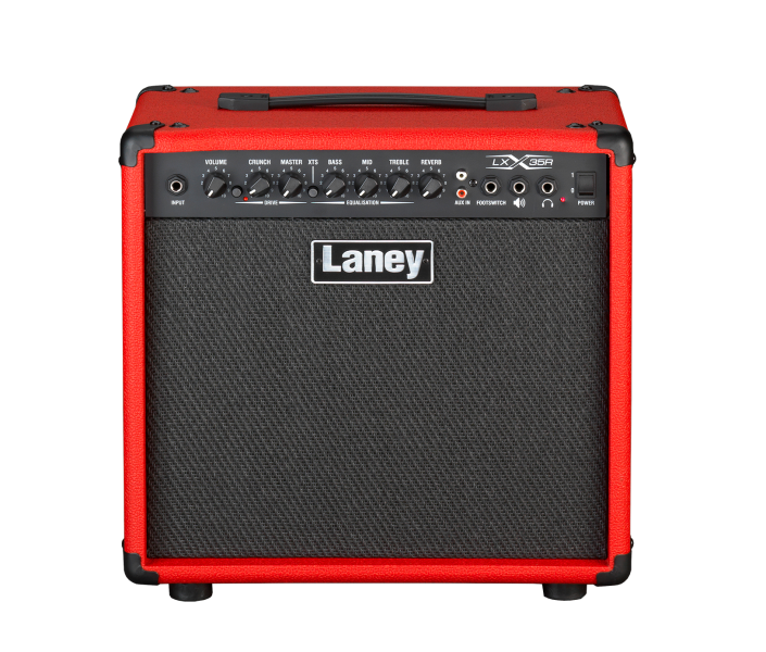 Laney LX35R-RED 35W guitar amp with a 10” custom speaker, clean & drive channels, and built-in reverb.
