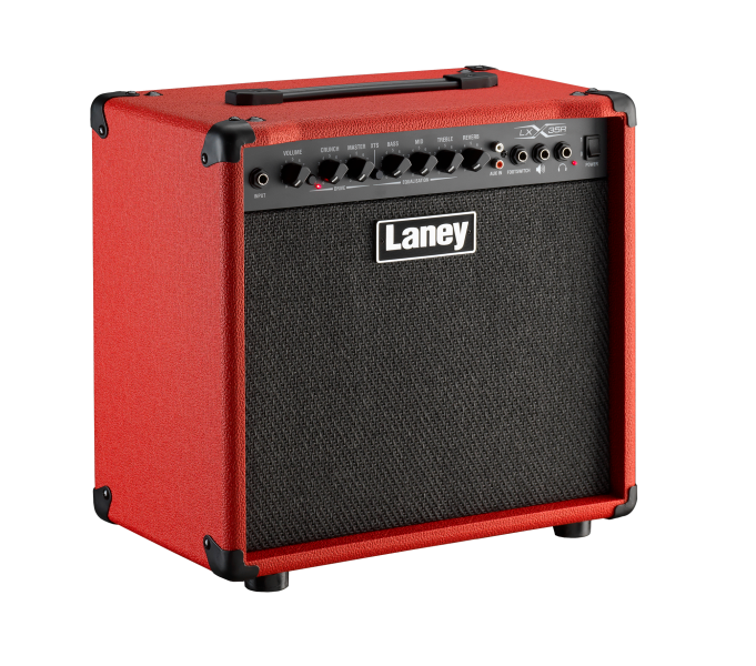 Front panel of the Laney LX35R-RED showing EQ controls, XTS switch, and reverb settings.
