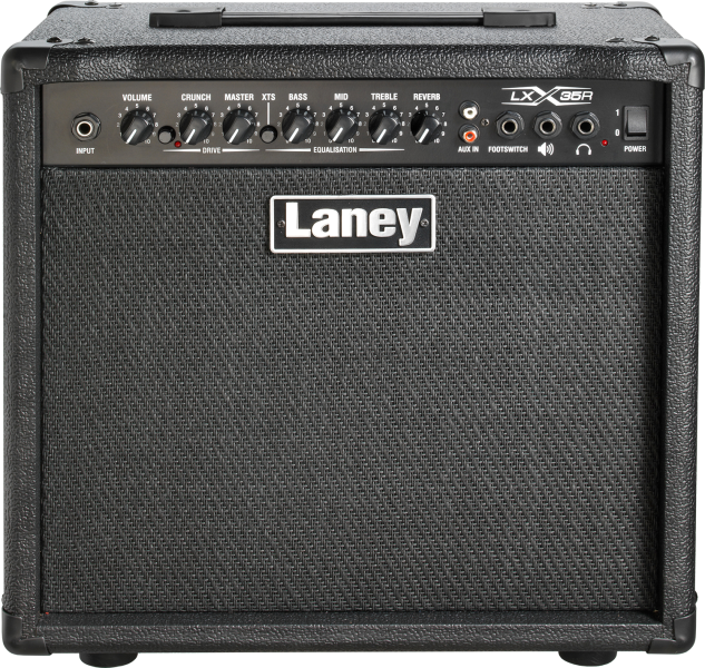 Laney LX35R 35W guitar amp with a 10” custom speaker, clean & drive channels, and built-in reverb.
