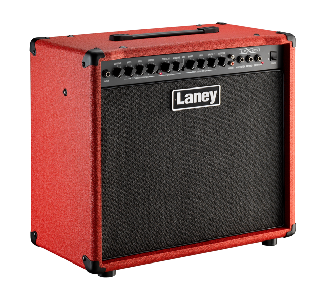 Front panel of the Laney LX65R-RED showing 3-band EQ, XTS tone shaping, and reverb controls.
