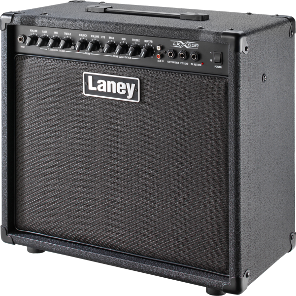 Front panel of the Laney LX65R showing 3-band EQ, XTS tone shaping, and reverb controls.
