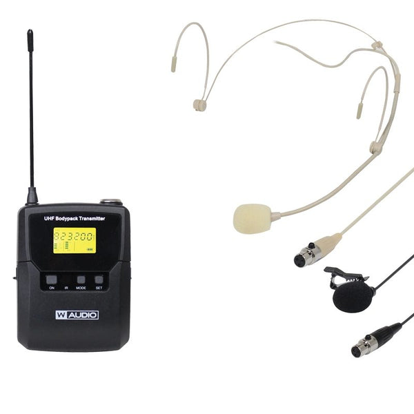 W Audio DQM 800 Series Belt Pack Kit - Transmitter with Beige Headset & Lavalier Microphones