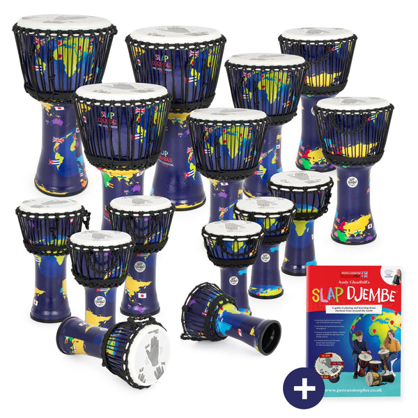 Percussion Plus World Slap Djembe Pre-Tuned Education Packs - 10 and 15 Player Sets for Group Music Lessons | 2024 Edition with Andy Gleadhillâ€™s Slap Djembe Book