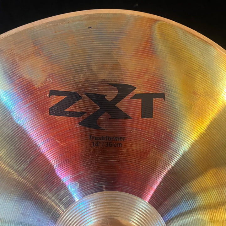 Close-up of Zildjian logo and finish variation on the FX Trashformer cymbal.
