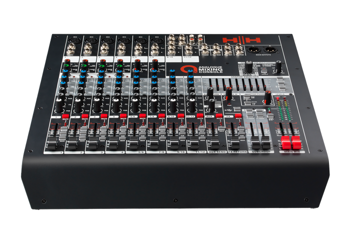 HH Q12FX Mixer layout with mic inputs, line inputs, and control knobs