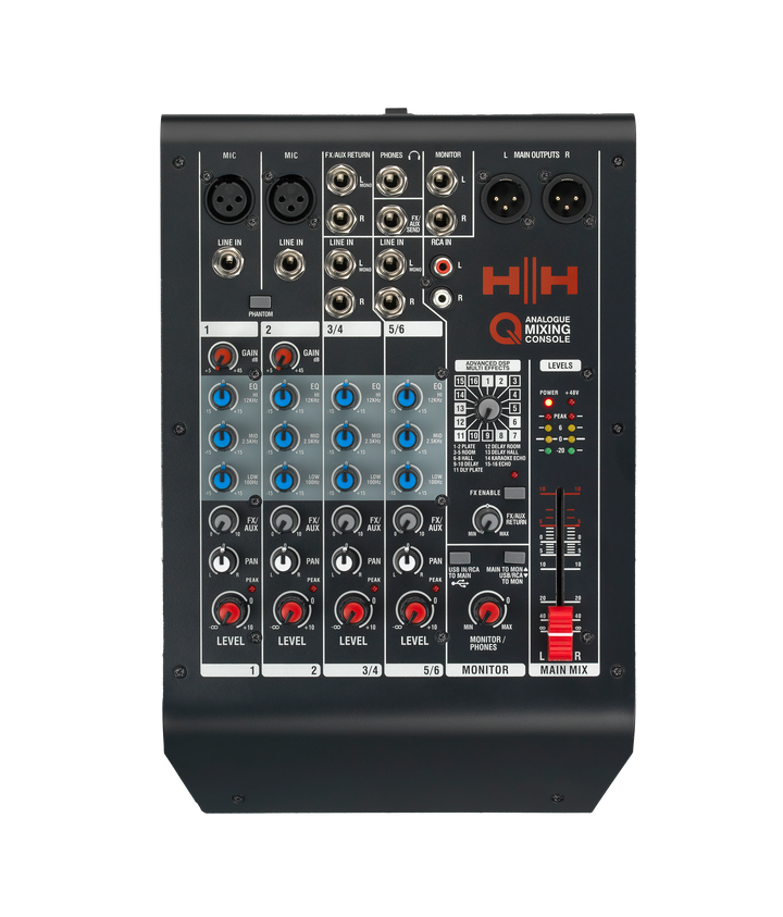 HH Q6FX compact 6-channel mixer with USB, DSP effects, and EQ