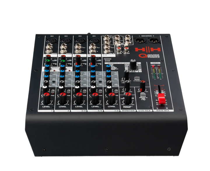 HH Q8FX Mixer layout with mic inputs, line inputs, and control knobs