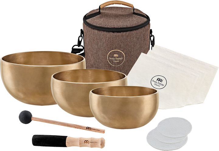 Meinl Sonic Energy 3-Piece Yoga Nidra Singing Bowl Set with mallets and felt coasters.