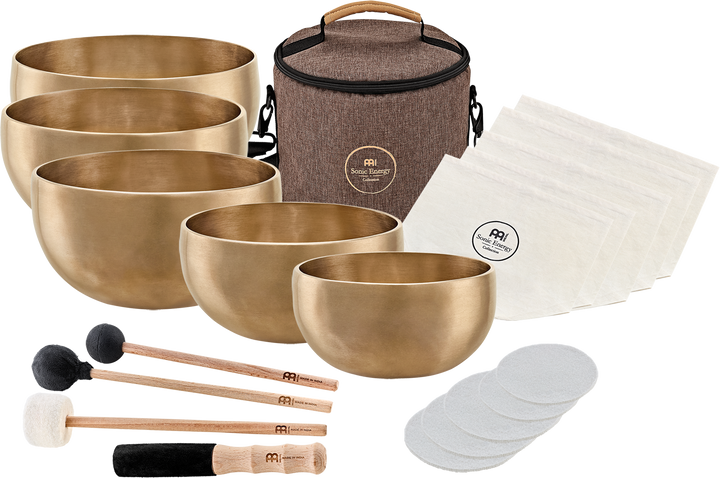 Meinl Sonic Energy 5-Piece Yoga Nidra Singing Bowl Set with felt coasters and fleece pads.