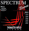 Thomastik-Infeld Spectrum Bronze guitar string set packaging with red strings on a black background.