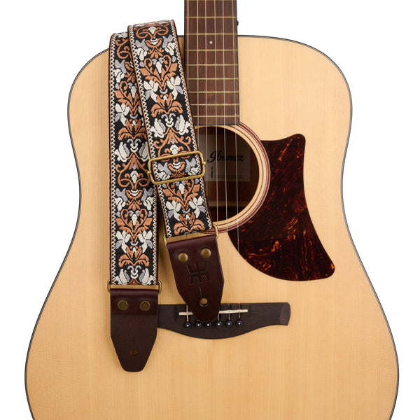 AMUMU SPH-GSB-TGBN 2" Black Brown Guitar Strap – Retro Embroidery, Soft Cotton, Leather Ends & Pick Pocket