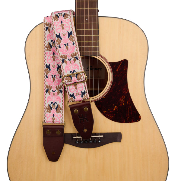 AMUMU SPH-PGB-TGBN 2" Pink Guitar Strap – Retro Embroidery, Soft Cotton, Leather Ends & Pick Pocket