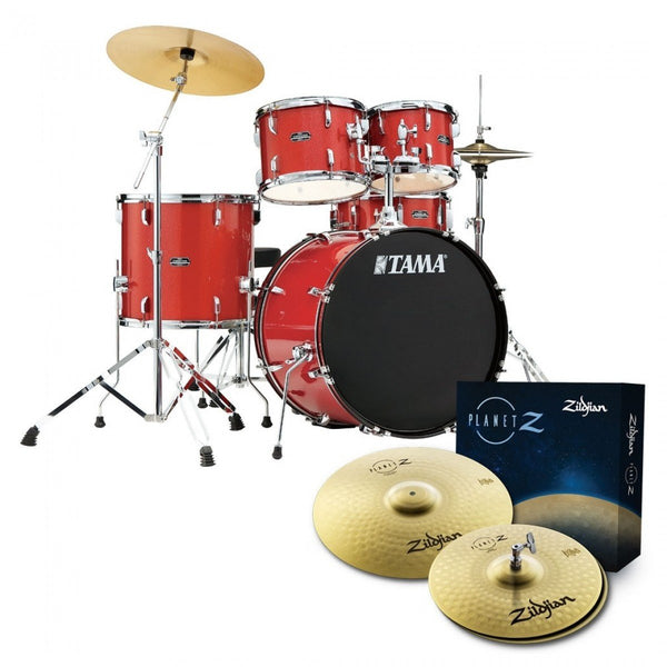 TAMA Stagestar 22" 5-Piece Drum Kit with Hardware & Zildjian Planet Z Cymbals – Candy Red Sparkle, Sea Blue Mist, Black Night Sparkle (ST52H5Z)