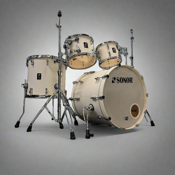 Pre-Owned Sonor ProLite 4-Piece Shell Pack – Matte Creme White,  Exceptional  Condition with Aquarian Clear Heads