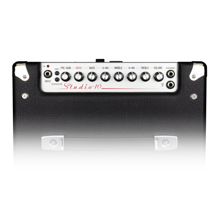 Control panel featuring 5-band EQ, valve emulated overdrive, pre-shape control, and headphone out