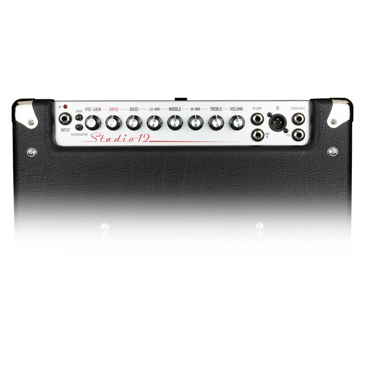 Control panel featuring 5-band EQ, valve emulated overdrive, footswitchable drive, and XLR DI output