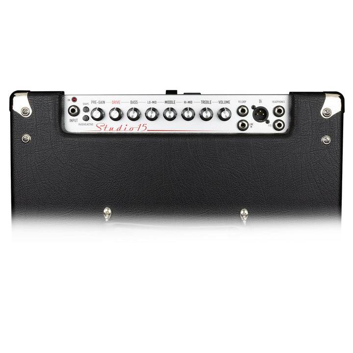 Control panel featuring 5-band EQ, valve emulated overdrive, footswitchable drive, and XLR DI output