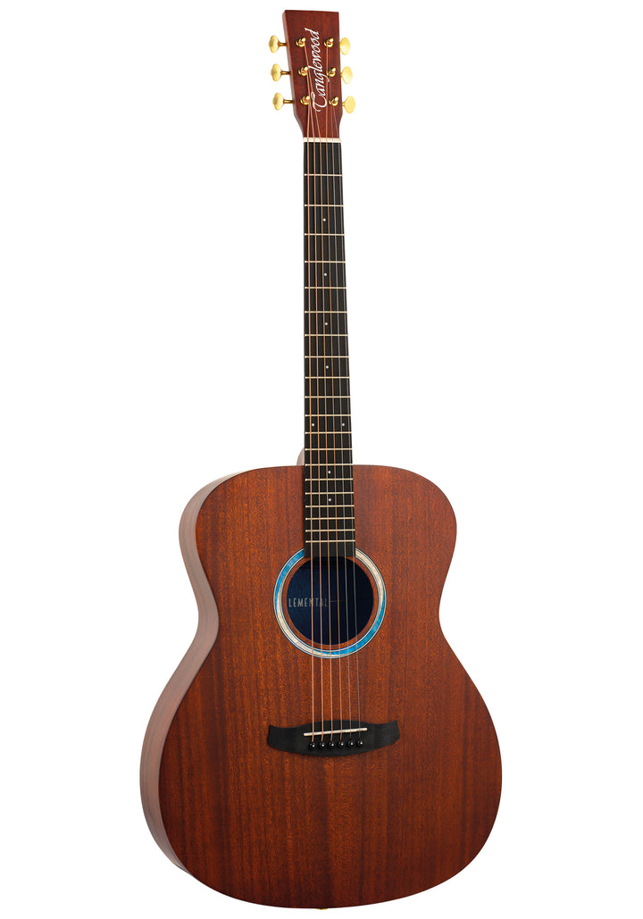 Tanglewood TE3BL Elemental Series Orchestra Guitar with Solid Mahogany Top and Natural Satin Finish. Features blue and white pearl rosette.