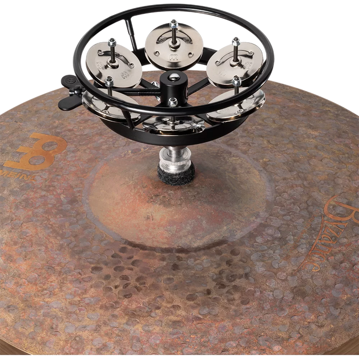 Meinl Percussion 5-inch Hi-Hat tambourine mounted on a cymbal stand, showing its ergonomic design and rubber padded surface