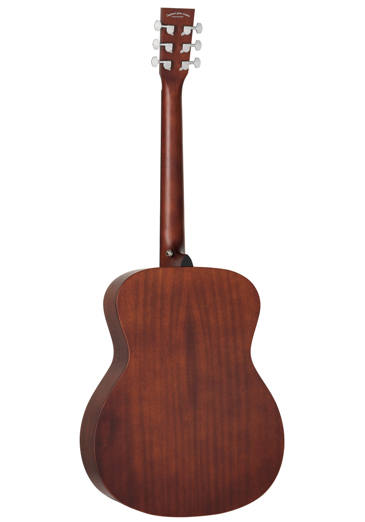 Side view showing the beautiful whiskey burst satin finish and mahogany back and sides of the Tanglewood TWCRO guitar.