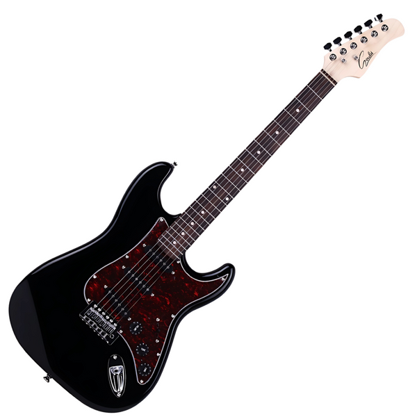 Gould ST Style Electric Guitar in Black with a poplar body, maple neck, and three single-coil pickups.