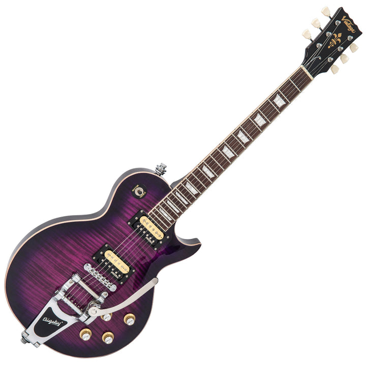 Vintage V100 ReIssued Electric Guitar w/Bigsby ~ Flamed Purpleburst