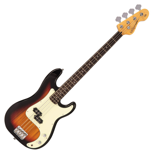 Vintage V40 Coaster Series Bass Guitar in 3 Tone Sunburst with solid paulownia body and Entwistle pickups