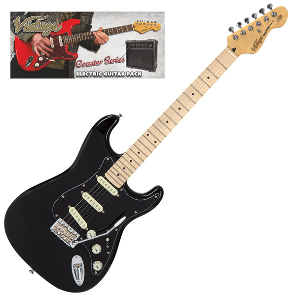 Vintage V60 Coaster Series Electric Guitar Pack - Boulevard Black, Maple Fingerboard with Kinsman Amplifier, Accessories & More