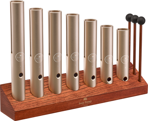 Meinl Sonic Energy 7-piece Wah-Wah Tube Chakra Set in champagne gold with wooden stand