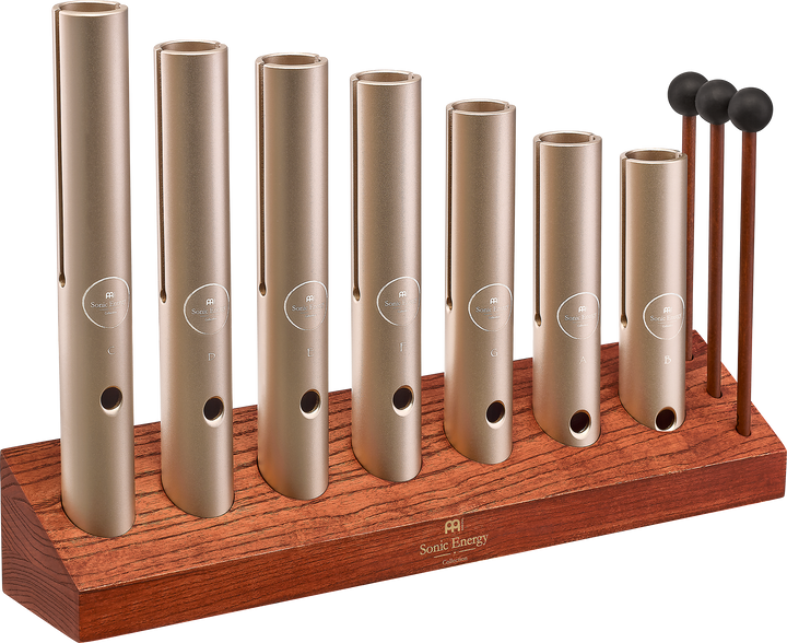 Meinl Sonic Energy 7-piece Wah-Wah Tube Chakra Set in champagne gold with wooden stand