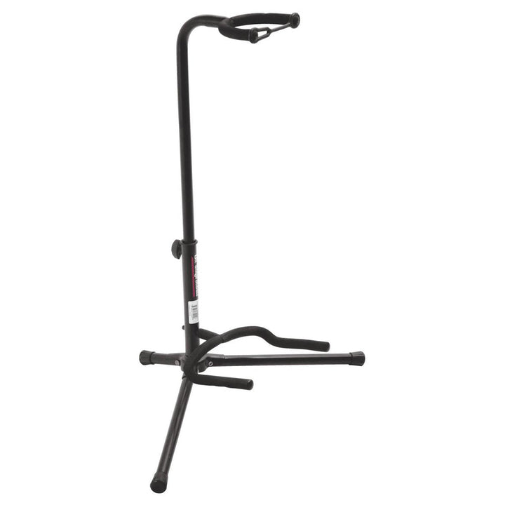 Adjustable On-Stage guitar stand with black powder coat finish and locking yoke