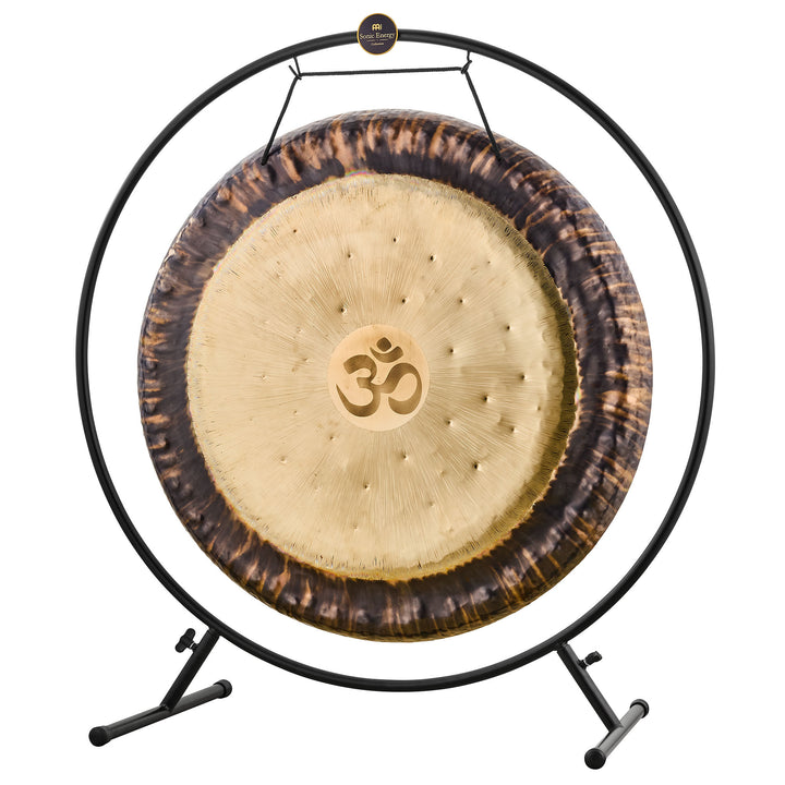 Full view of Meinl Sonic Energy Round Gong Stand with a gong mounted, highlighting the sleek, professional design